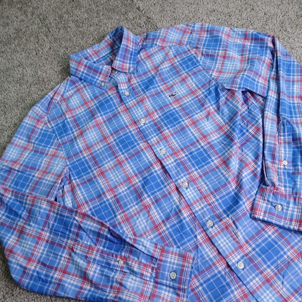 Vineyard Vines Performance Classic Fit Whale Shirt Mens Small Blue Red Plaid